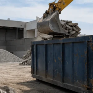 An excavator loads broken debris into a container