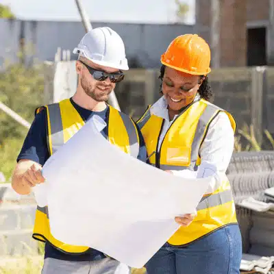 Two construction contractors in safety vests and helmets review blueprints together while planning residential project