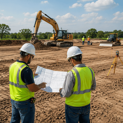 Construction excavation services are reviewed by two contractors studying plans beside excavators on a graded jobsite