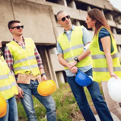 Construction crew wearing reflective vests hold hard hats, discussing site plans and safety procedures outdoors