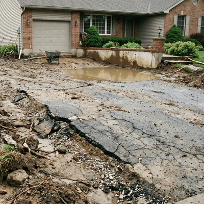A broken, muddy driveway surface shows failed base conditions that require driveway excavation services repair