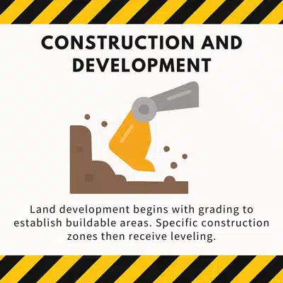 Illustration shows grading and leveling used to prepare land for construction and proper site layout