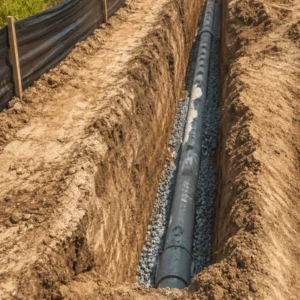 A long drainage pipe sits on gravel inside a deep soil trench during utility trenching