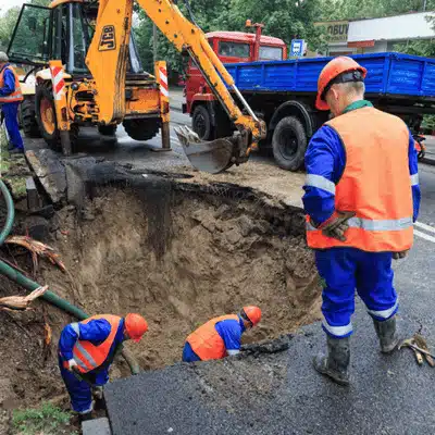 Crew inspects massive roadway collapse while backhoe excavates, assessing erosion damage and stabilizing surrounding infrastructure
