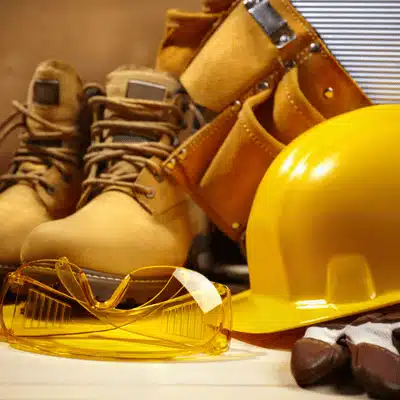 A neatly arranged set of protective construction gear, including boots, helmet, goggles, and gloves