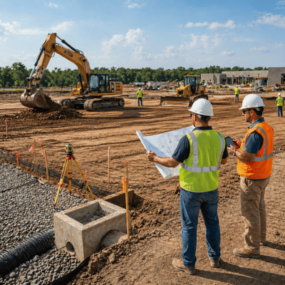 Construction excavation services continue as contractors review site plans near grading equipment, drainage materials, and machinery