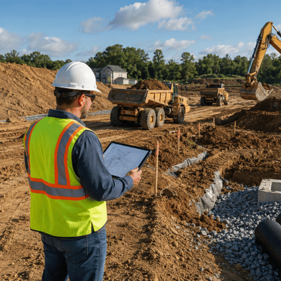 A construction worker reviews plans during grading and excavation work near trucks, drainage materials, and heavy equipment.