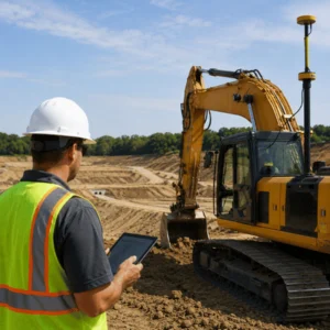 A site work contractor holding a tablet monitors a GPS-equipped excavator performing precision grading on a large earthwork site