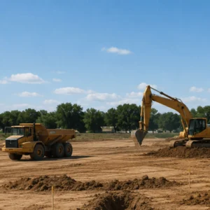 An excavator loads soil near a dump truck on an open jobsite as site preparation contractors shape the ground for construction