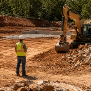 A site work contractor in a hard hat and safety vest observes an excavator moving rocky earth on a job site