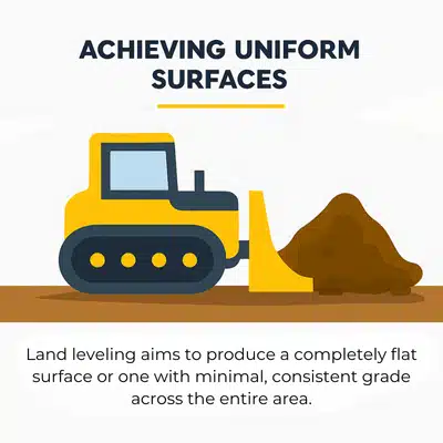 Illustrated grader pushes soil to create a uniform surface during grading and leveling land preparation