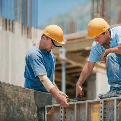 Construction workers align formwork panels, measuring precisely while following safety practices on active build site