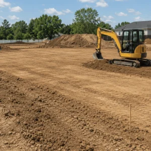 A mini excavator shapes a level dirt lot after land clearing services cleared the site for upcoming construction work