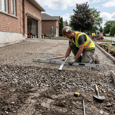 A contractor kneels with a level, checking gravel depth for driveway excavation services installation accuracy