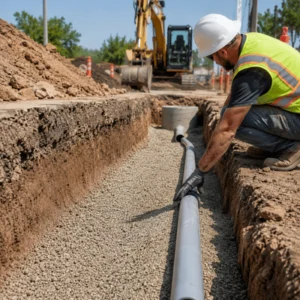 A worker places a pipe on gravel bedding inside a narrow trench during utility trenching