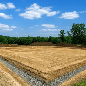 A compacted building pad with gravel drainage surrounds the site as site preparation contractors finish preparing the land for construction