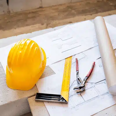 Construction plans, hardhat, and tools arranged for concrete removal project scheduling and site safety planning