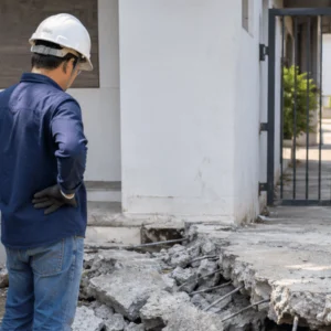 A construction worker inspects exposed rebar and broken edges while removing concrete slab material beside a building