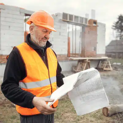A construction worker examines blueprints at a building site, illustrating what is site preparation in construction