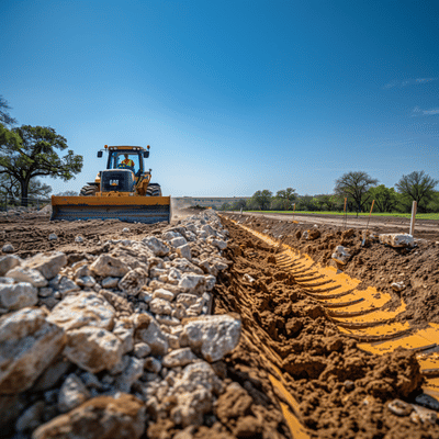 Bulldozer shapes long trench beside gravel, highlighting excavation contractors near me for roadway preparation