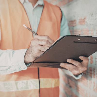 Worker in safety vest writes on clipboard, documenting measurements for concrete removal project at jobsite