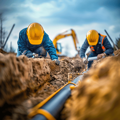 Workers kneel in trench installing pipe, relying on excavation contractors near me for safe digging