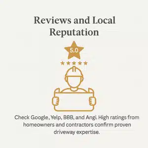 A 5-star review graphic highlights the importance of choosing a reputable concrete driveway contractor